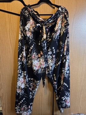 Floral Tie-Front Pants in Black with Pink & Cream Accents